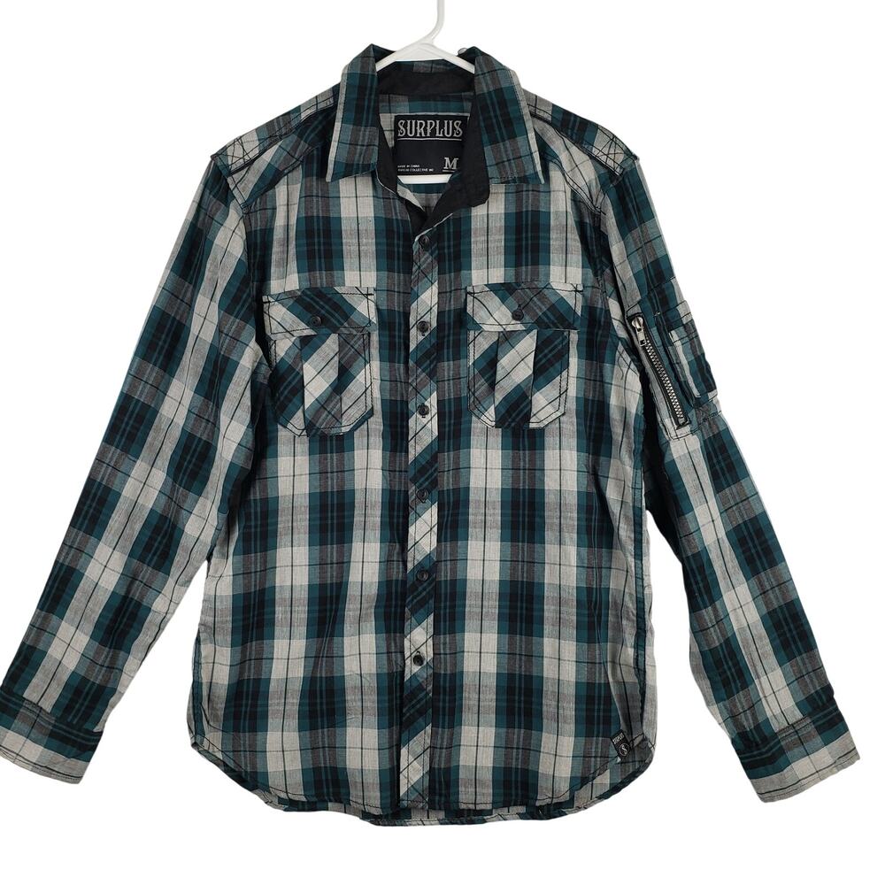 Surplus M Long Sleeve Pocket Front Button‎ Up Green Black Plaid Skater Grunge